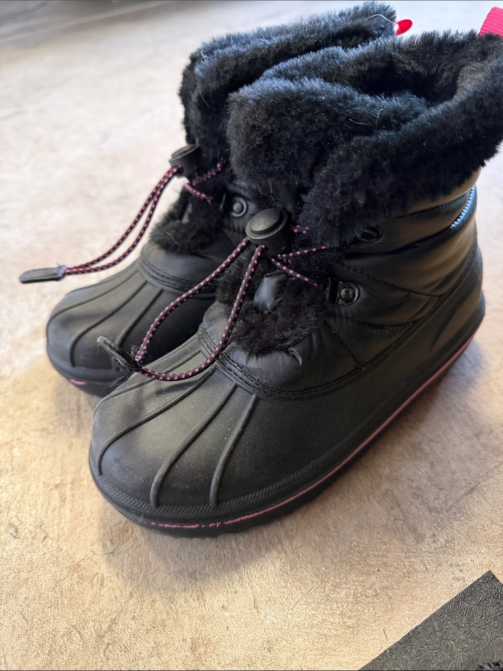 Kids Black Faux-Fur Winter Boots with Pink Accents